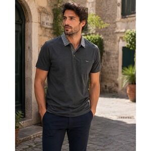 Ted Baker Polo Mens XL Charcoal Grey Printed Collar Casual Preppy Short Sleeve